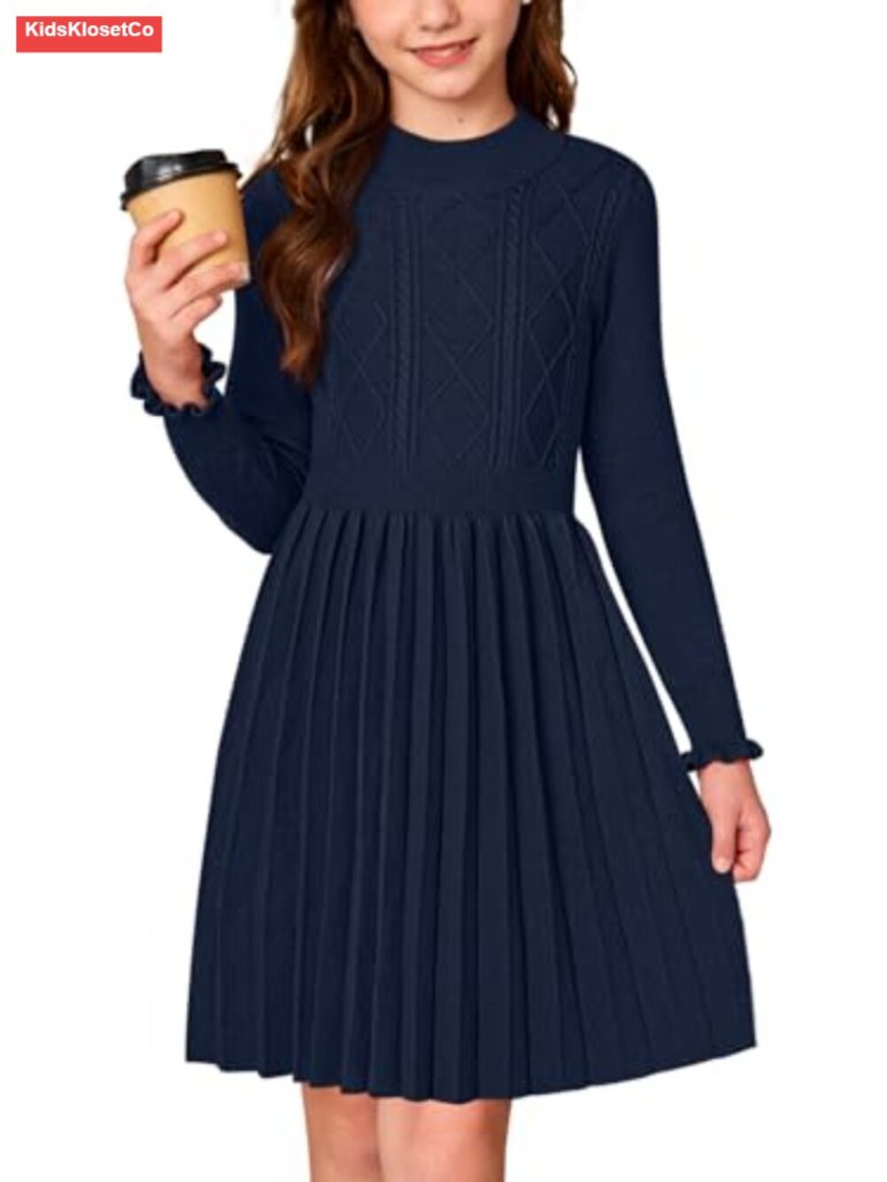 Girls Cable Knit Long Sleeve Sweater Dress Midi Winter Casual
